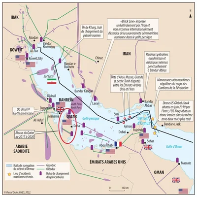 Carte stratégique du golfe Persique illustrant les enjeux géopolitiques et les incidents maritimes dans la région d'Ormuz.