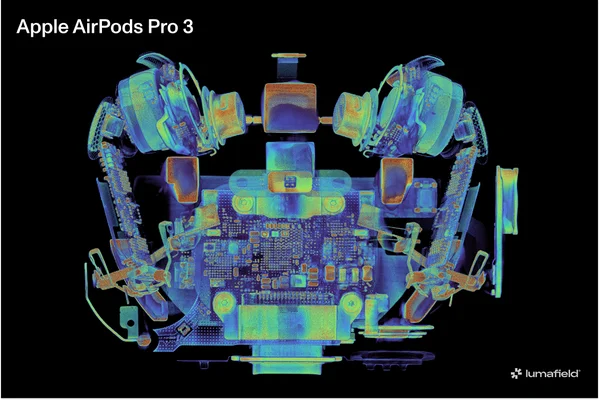 Vue radiographique des composants internes des AirPods Pro 3.