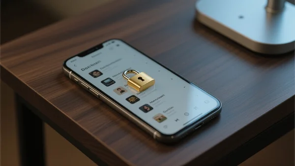 Gros plan sur un smartphone posé sur une table en bois, affichant une application de podcast avec un cadenas doré fermé sur plusieurs épisodes, éclairage tamisé de bureau