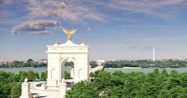 Illustration du projet d'arc de triomphe dominant le paysage washingtonien.
