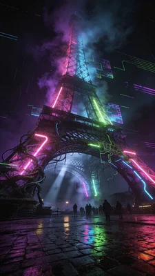 Une vision cyberpunk et futuriste de la Tour Eiffel illuminée par des néons