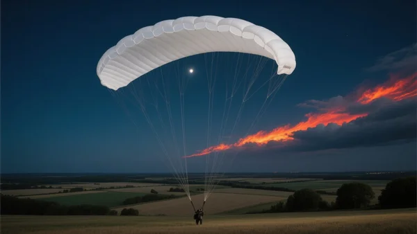 Parachute blanc déployé dans le ciel nocturne au-dessus d'un paysage rural français de plaine, traces de flammes en arrière-plan dans les nuages, vue en contre-plongée depuis le sol