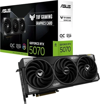 La carte graphique ASUS TUF Gaming GeForce RTX 5070 OC et son packaging.