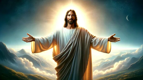 Illustration grand-angle d'une IA représentant Jésus-Christ en robe blanche bras ouverts sous un ciel étoilé.