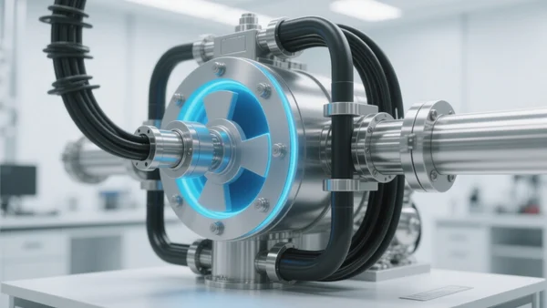 Vue rapprochée d'un réacteur nucléaire compact et moderne avec des conduits métalliques polis, des câbles haute tension et une lumière bleutée diffuse s'échappant des joints, dans un laboratoire technologique propre