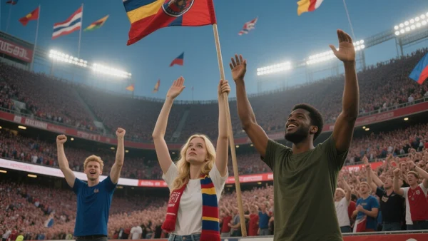 Foule dense dans les tribunes d'un stade de football, éclairée par les projecteurs vespéraux, supporters levant les bras et des drapeaux flottant