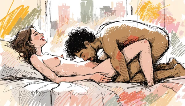 Cunnilingus, homme nu entre les cuisses d'une femme nue allongée sur le dos, vue de profil