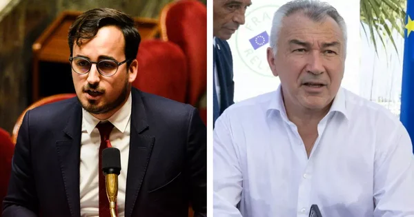 Le jeune maire RN de Cagnes-sur-Mer lors d'une allocution publique face à un drapeau de l'Union européenne.