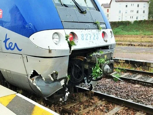 L'avant d'un train TER endommagé après avoir heurté des branches à La Clayette.