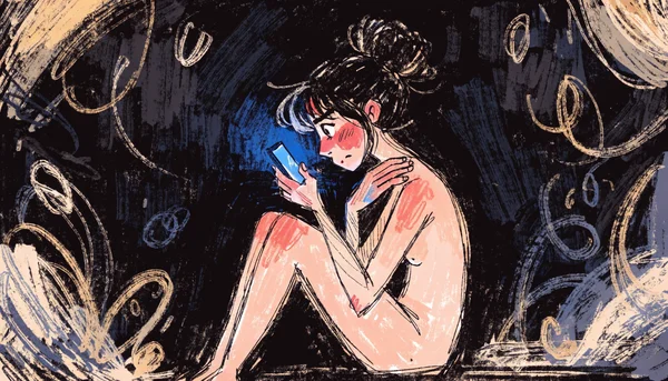 Gros plan sur un visage exprimant l'anxiété et la confusion, éclairé par la lumière bleue d'un écran de téléphone dans l'obscurité