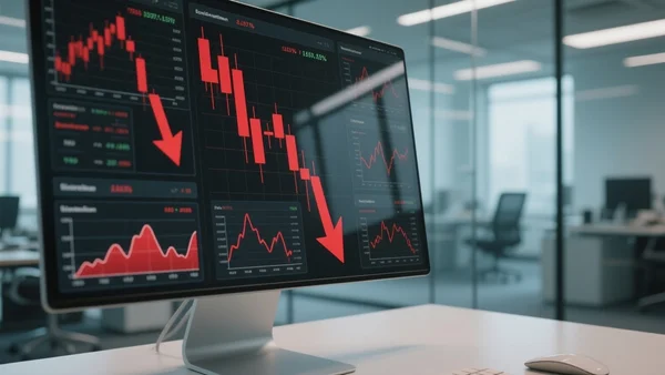 Gros plan sur des graphiques financiers baissiers affichés sur un écran numérique dans un bureau moderne, courbes rouges en chute libre, données chiffrées sur le déclin économique