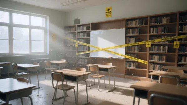 Intérieur d'une salle de classe vide avec des étagères de bibliothèque murées par du ruban adhésif de police jaune et des panneaux d'avertissement, lumière du jour filtrant par les fenêtres, poussière en suspension