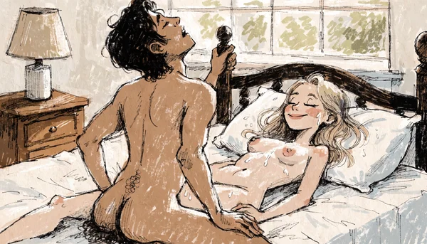 Homme nu éjaculant sur le visage d'une femme nue allongée, éclairage naturel de chambre