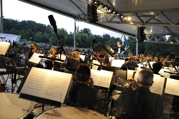 Un orchestre et son chef d'orchestre se produisant sous un dais blanc lors de Classique au Vert au Bois de Vincennes.