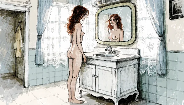 Portrait d'une personne jeune à l'expression sereine et pensive, regardant son reflet dans un miroir, avec un jeu de lumière douce et diffuse