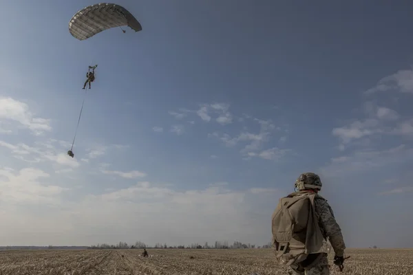 Un soldat observant un parachutiste en descente au-dessus d'un champ en Ukraine.