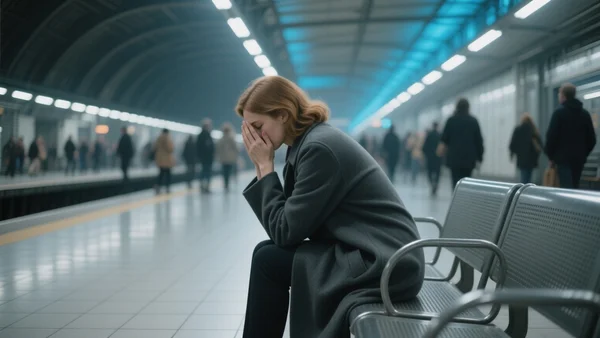 Femme assise seule dans un hall de gare bondé, visage caché dans ses mains, silhouette voûtée sous un éclairage néon bleu et gris, foule floue passant à côté indifférente