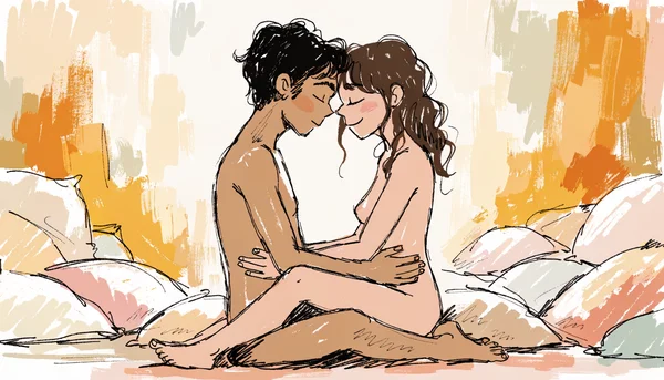 Couple nu assis face à face en posture Yab-Yum, l'un enlaçant l'autre, front contre front, yeux fermés, expression de sérénité