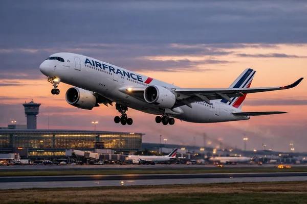 Un avion d'Air France décollant d'un aéroport à la tombée de la nuit.