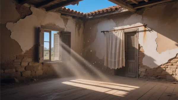 Intérieur d'une vieille maison en ruine, ombres allongées sur un plancher poussiéreux, lumière douce filtrant à travers des volets abîmés