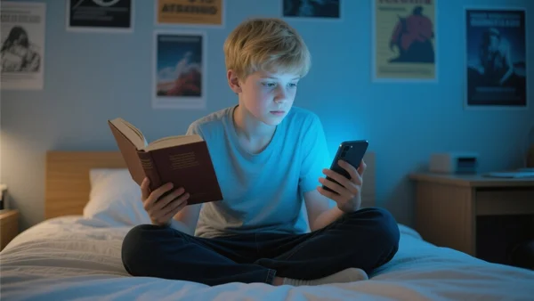 Un adolescent assis sur son lit, tenant un livre ouvert dans une main tout en regardant fixement l'écran lumineux de son smartphone dans l'autre, visage éclairé par la lumière bleue du téléphone, chambre d'adolescent en arrière-plan