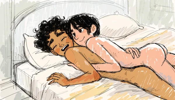 Deux hommes nus enlacés sur un lit, peau contre peau, dans une atmosphère intime et brumeuse