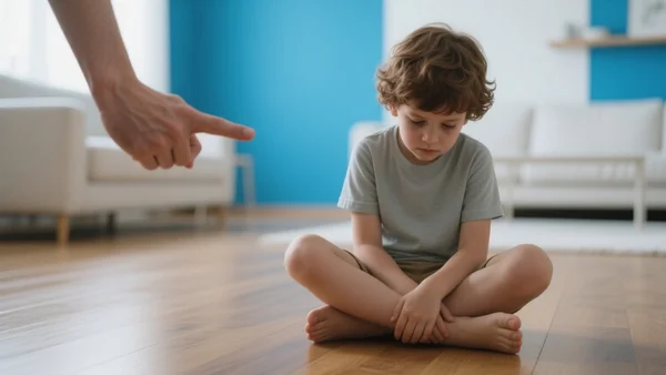 Un enfant assis par terre, le visage triste et les yeux baissés, tandis qu'une main d'adulte est visible en arrière-plan, symbolisant une tension éducative dans un salon familial