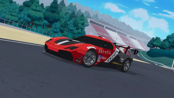 Voiture de course rouge et noire numéro 15 sur un circuit éclairé par le soleil dans Rogue Stradale.