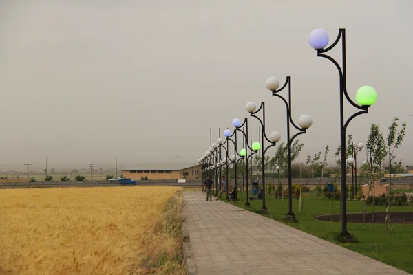 Une allée piétonne à Qom, la ville sainte située au sud de Téhéran, bordée par un champ.
