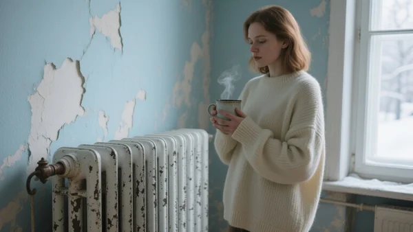 Vue rapprochée d'un radiateur ancien en fonte dans un appartement aux murs défraîchis, avec une personne portant un gros pull en laine et tenant une tasse chaude, lumière d'hiver froide entrant par la fenêtre