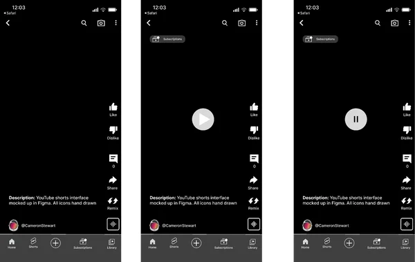 Série de captures d'écran de la maquette YouTube Shorts sur Figma.