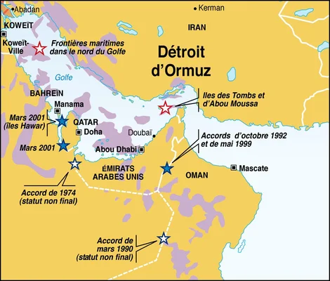 Carte détaillée des zones de tensions et des frontières maritimes au niveau du détroit d'Ormuz.