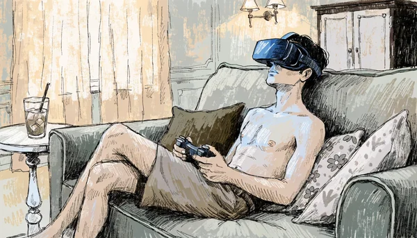 Homme portant un casque de réalité virtuelle assis dans un salon sombre, mains tenant des manettes de jeu, éclairage bleuté provenant du casque éclairant son visage