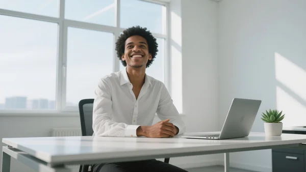 Vue en contre-plongée d'un jeune diplômé souriant assis à un bureau moderne en plein jour, regardant vers le haut avec confiance, lumière naturelle abondante
