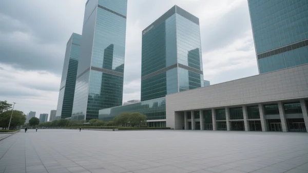 Grands immeubles vitrés d'organisations internationaux vus de l'extérieur sous un ciel nuageux, reflets froids sur les façades, absence de piétons, ambiance austère