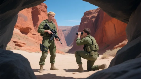 Vue subjective depuis une cachette rocheuse dans une montagne, regardant vers le bas où une patrouille militaire fouille un canyon