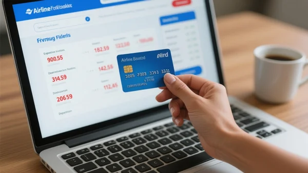 Écran d'ordinateur affichant un site de réservation de billets d'avion avec des prix en forte hausse, main tenant une carte bancaire