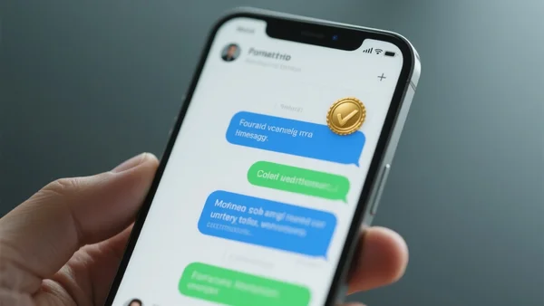 Gros plan sur un smartphone affichant une interface de messagerie avec des bulles de discussion colorées et un badge doré distinctif à côté du nom d'un contact, lumière douce et moderne