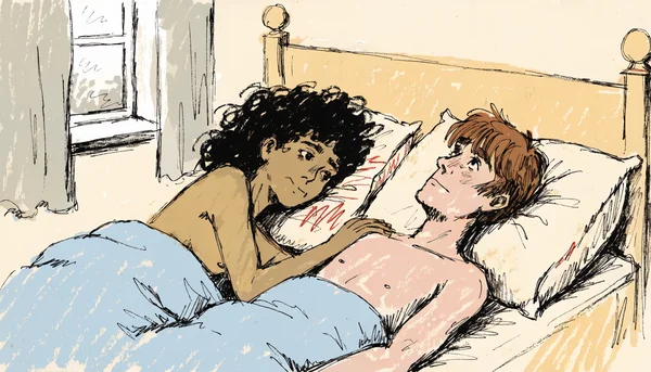 Un couple nu allongé sur un lit, l'un des partenaires semble distant et figé tandis que l'autre pose doucement une main sur son épaule pour le rassurer