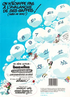 Gaston Lagaffe submergé par une avalanche de bulles de dialogue sur une couverture de Franquin.