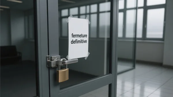 Vue de face d'une porte d'entrée vitrée de bureau fermée à clé avec un gros cadenas, un papier collé sur la porte avec l'inscription 'fermeture définitive', éclairage gris d'une matinée ordinaire