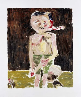 Une peinture expressive de Georg Baselitz représentant une figure humaine distorted.