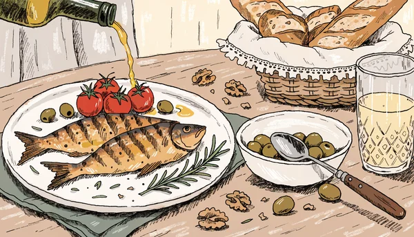 Un assortiment coloré de régime méditerranéen composé d'huile d'olive versée sur des tomates cerises, des noix, des olives et des poissons grillés sur une table en bois