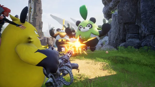 Scène de combat dans Palworld avec une créature jaune, un personnage roux et des pandas géants dans un décor rocheux.