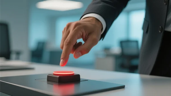 Gros plan sur l'index d'une main d'homme en costume s'apprêtant à appuyer sur un bouton rouge lumineux sur un bureau moderne, arrière-plan de bureau flou