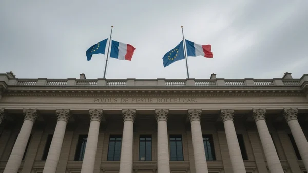 Façade austère du palais de justice de Paris en lumière grise, drapeaux français et européens en berne, ambiance lourde et solennelle