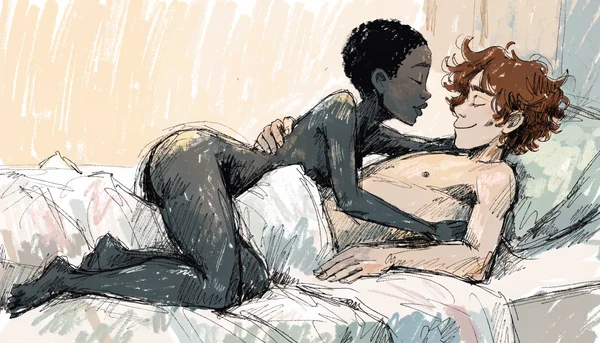 Un couple nu, homme et femme, enlacés tendrement sur un lit, visages proches et expressions sereines, lumière naturelle douce