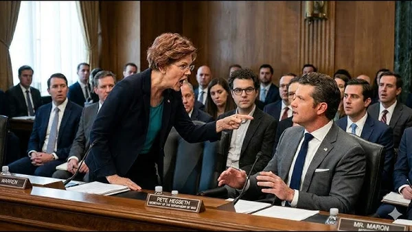 Elizabeth Warren lors d'une audience officielle face à Pete Hegseth.