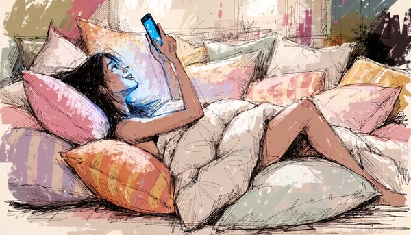 Une personne allongée dans son lit, entourée d'oreillers, tenant un smartphone à bout de bras, le visage éclairé par la lumière bleue de l'écran