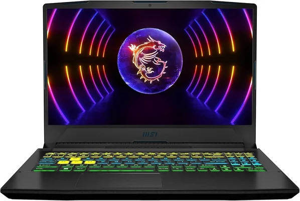 Le MSI Crosshair 15 C12VG-432FR avec son logo dragon néon et ses effets lumineux violet, orange et jaune.